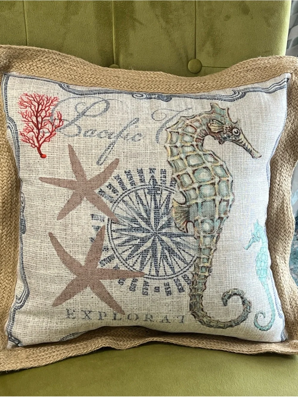 Coastal Seahorse Decorative Pillow - Beige & Aqua 20”x20” Rope Edge